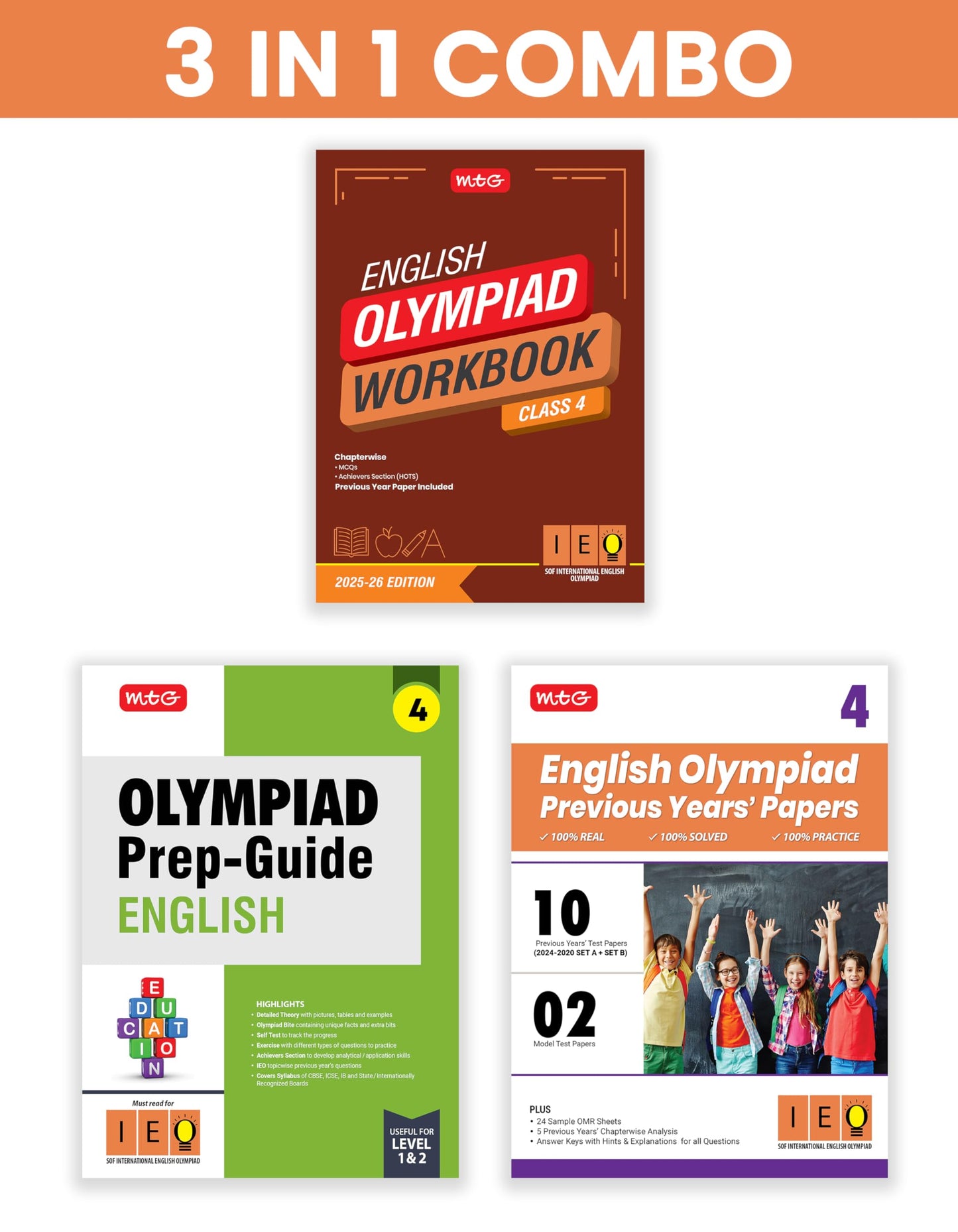 MTG Class-4 International English Olympiad (IEO) Workbook, Prep-Guide & Previous Years Papers (PYQs) with Mock Test Paper (Set of 3 Books) - SOF Olympiad Books For 2025-26 Exam