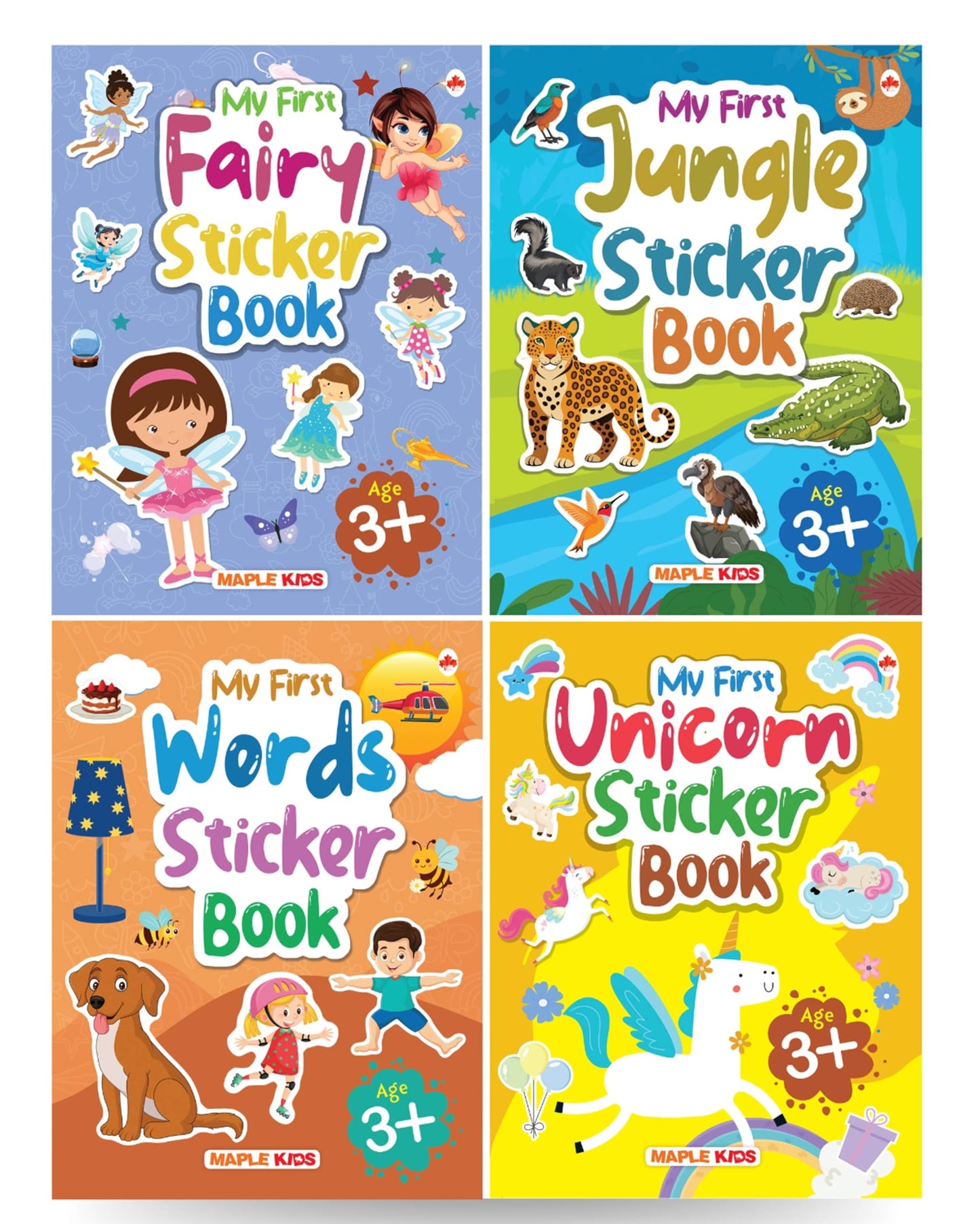 Sticker Books (Set of 4 Books) - Fairy, Jungle, Words, Unicorn - Activity Books for Kids - Stickers for Children - Age 3+ Years