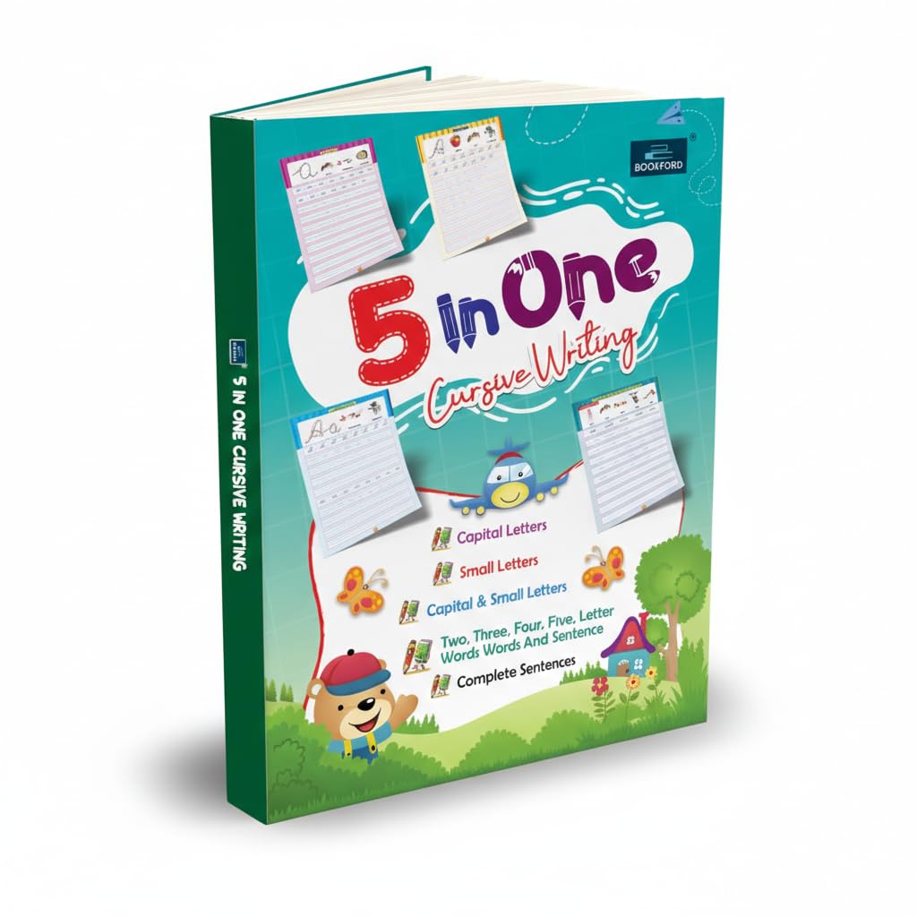 BOOKFORD 5-in-One Cursive Handwriting Practice Book for Kids – Learn Capital & Small Letters, Joining Letters, Words & Sentences | Cursive Writing ... Practice Book of 5 In One Cursive Writing)