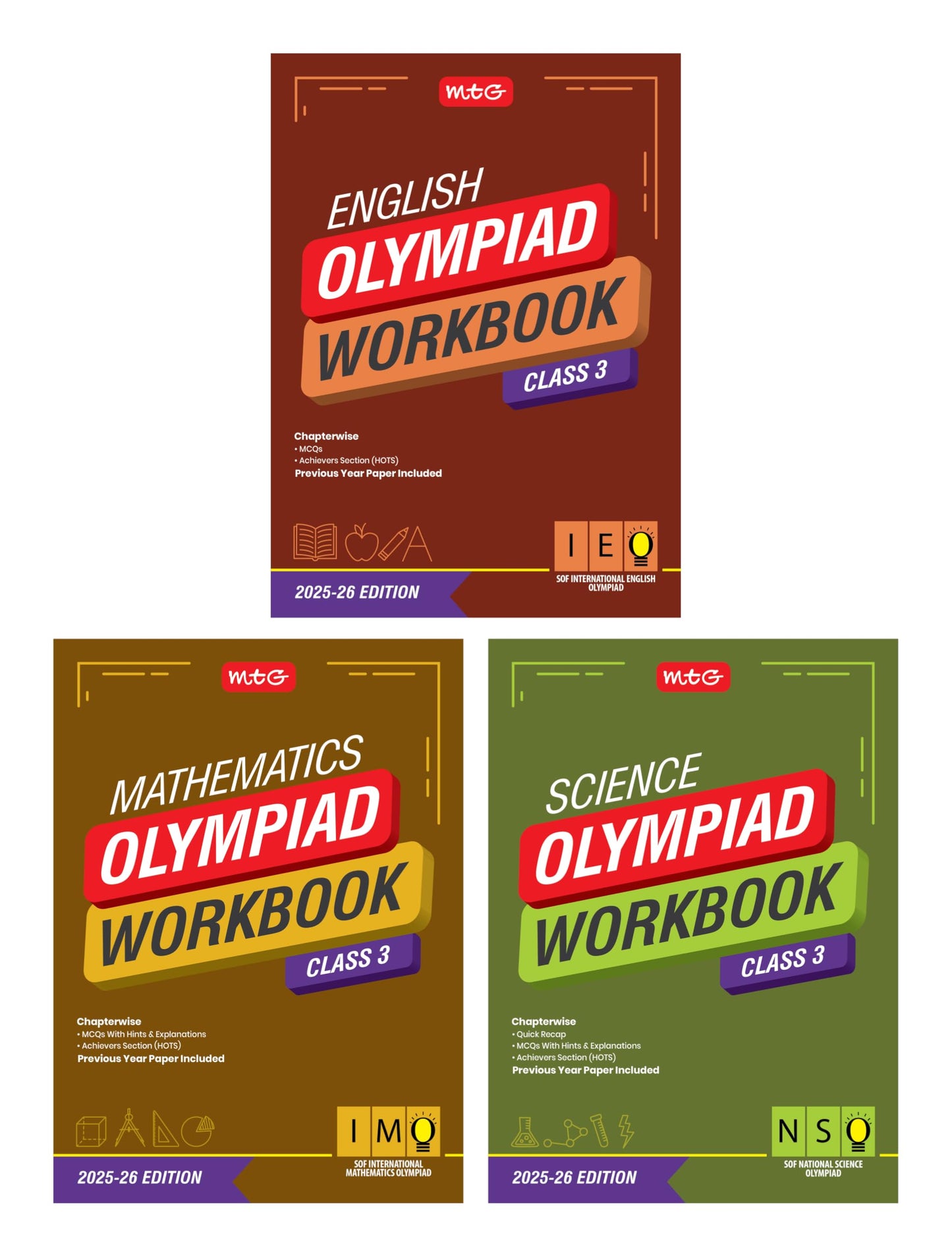 MTG Class-3 NSO-IMO-IEO (Science, Mathematics & English) Olympiad Workbook Combo (Set of 3 Books) | MCQs, & Achievers Section - SOF Olympiad Books For 2025-26 Exam