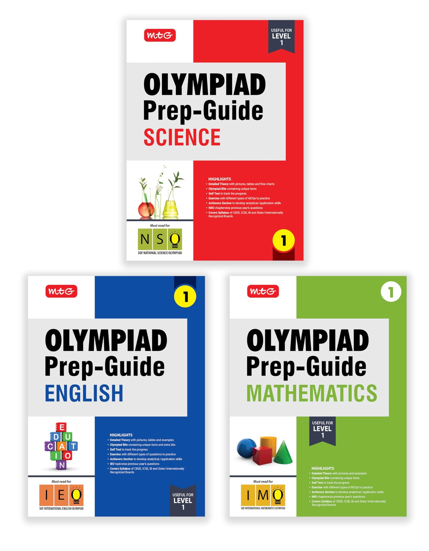 MTG Olympiad Prep-Guide Class-1 Mathematics, Science & English (Set of 3 Books) - Detailed Theory, IMO-NSO-IEO Previous Years Questions with Self Test For SOF 2025-26 Exam