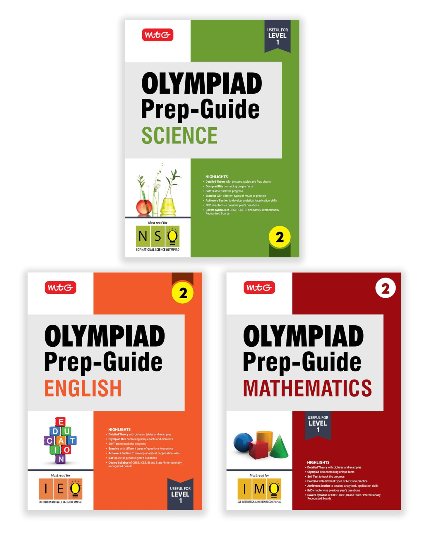 MTG Olympiad Prep-Guide Class-2 Mathematics, Science & English (Set of 3 Books) - Detailed Theory, IMO-NSO-IEO Previous Years Questions with Self Test For SOF 2025-26 Exam