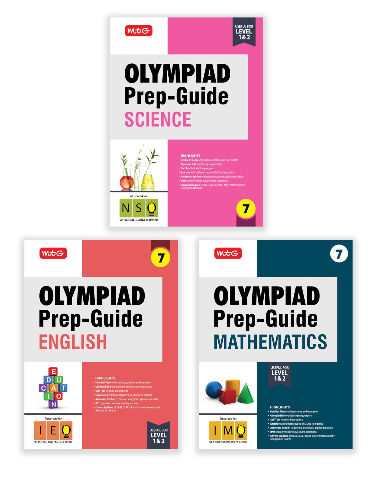 MTG Olympiad Prep-Guide Class-7 Mathematics, Science & English (Set of 3 Books) - Detailed Theory, IMO-NSO-IEO Previous Years Questions with Self Test For SOF 2025-26 Exam