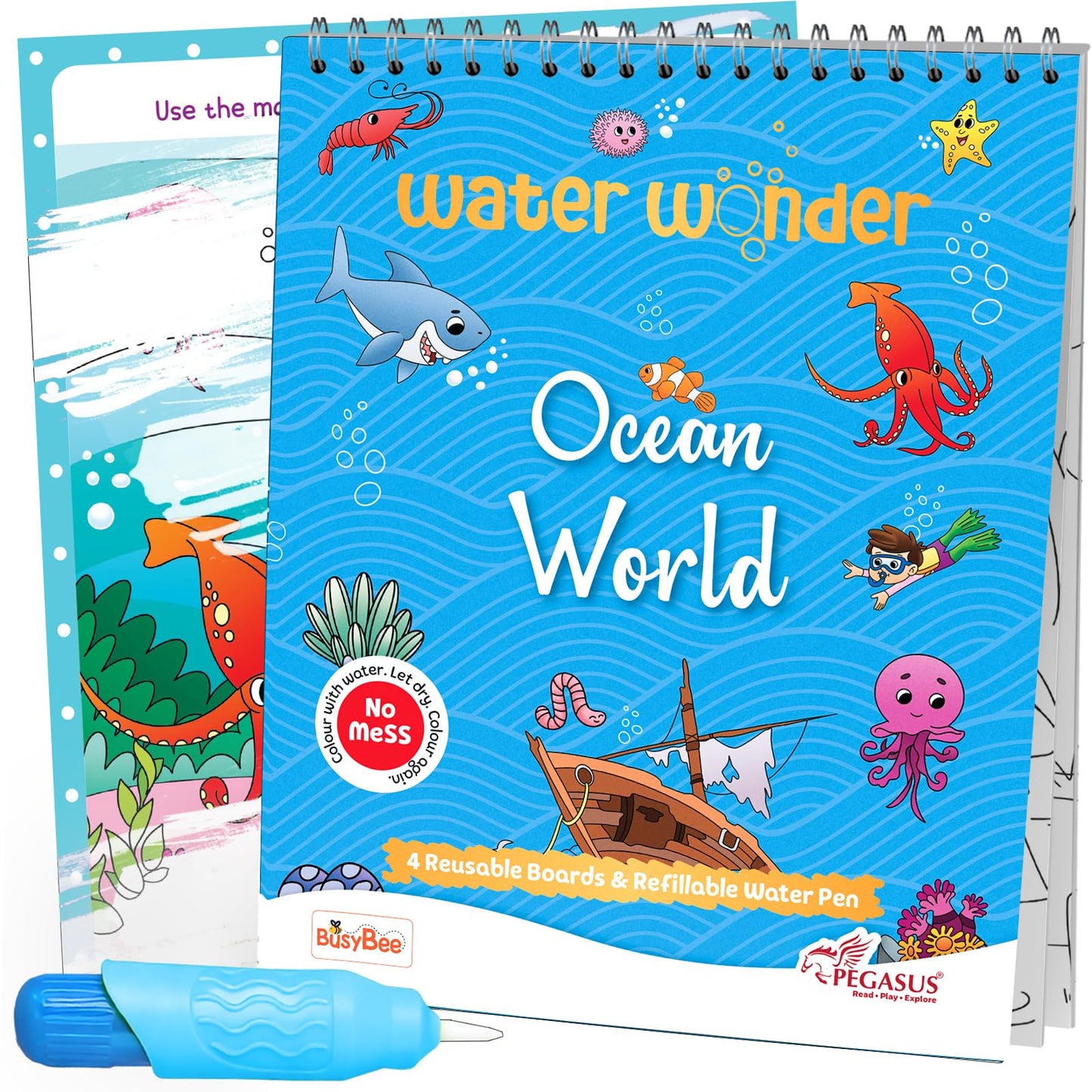 Reusable Magic Water Coloring Book For Kids, Educational Fun Time for Kids, Mess-Free Art with Quick Dry Technology (Ocean Theme | 4 Reusable Coloring & Activity Boards | 1 Refillable Water Pen)