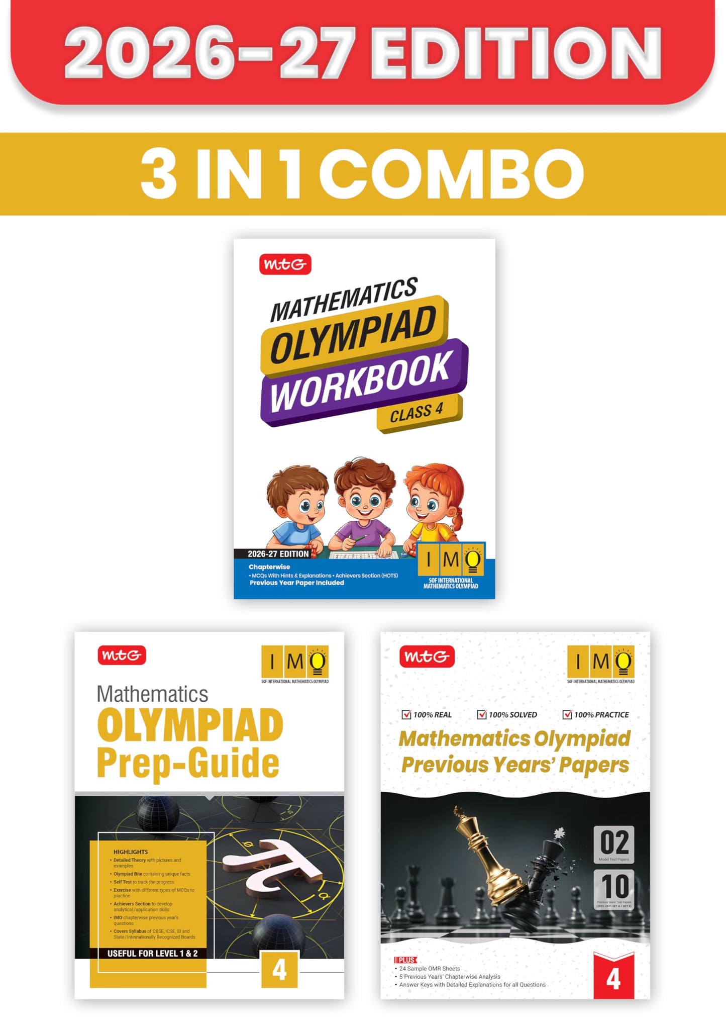 MTG Mathematics Olympiad (IMO) Workbook, Prep Guide & Previous Years Papers Class 4 (PYQs) with Mock Test Paper - SOF Olympiad Books For 2026-27 Exam (Set of 3 Books)