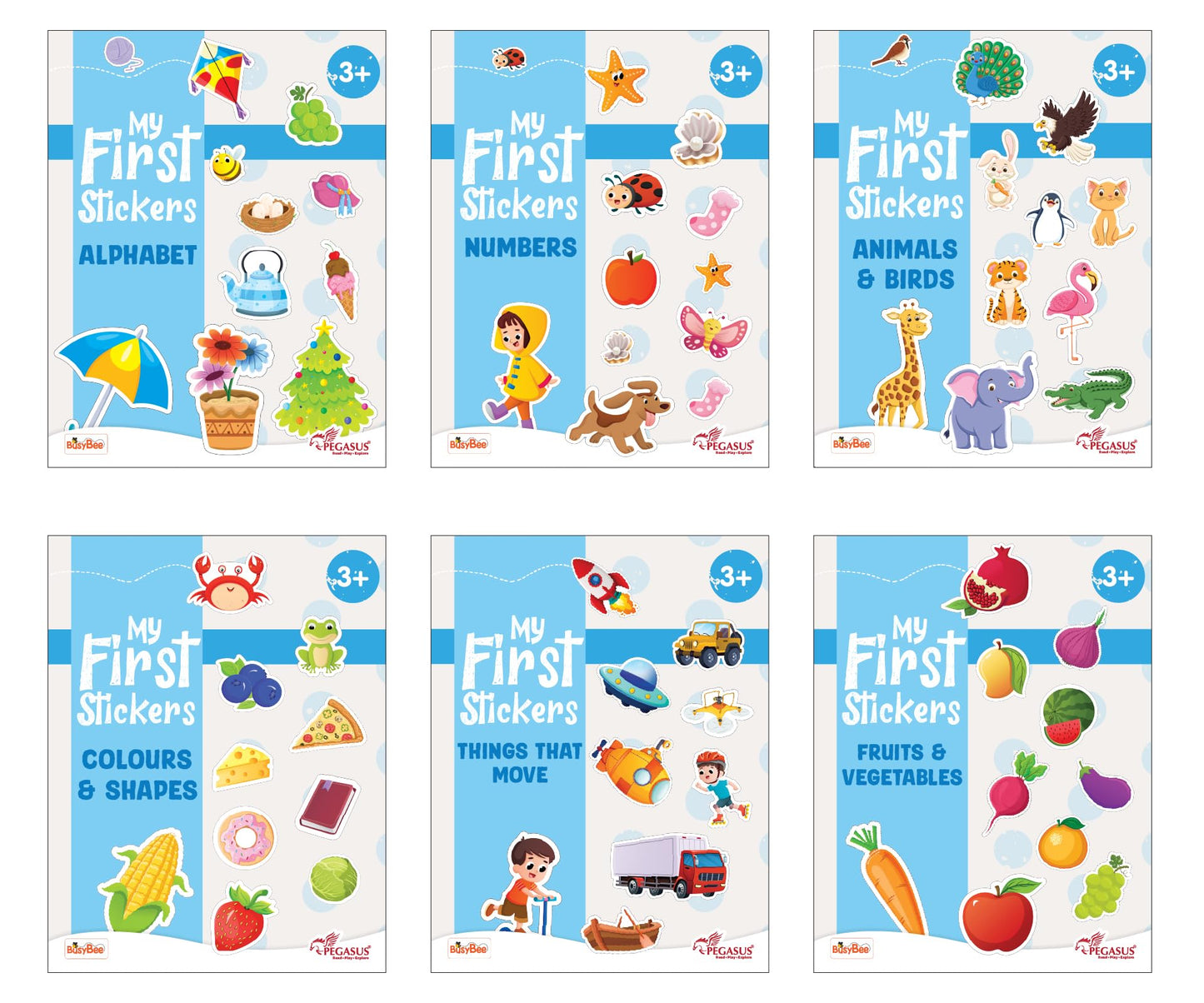 Pegasus My First Stickers Activity Book Set for Kids Age 3+ | 6 Early Learning Themes – Alphabet, Numbers, Animals & Birds, Colours & Shapes, Things That Move, Fruits & Vegetables