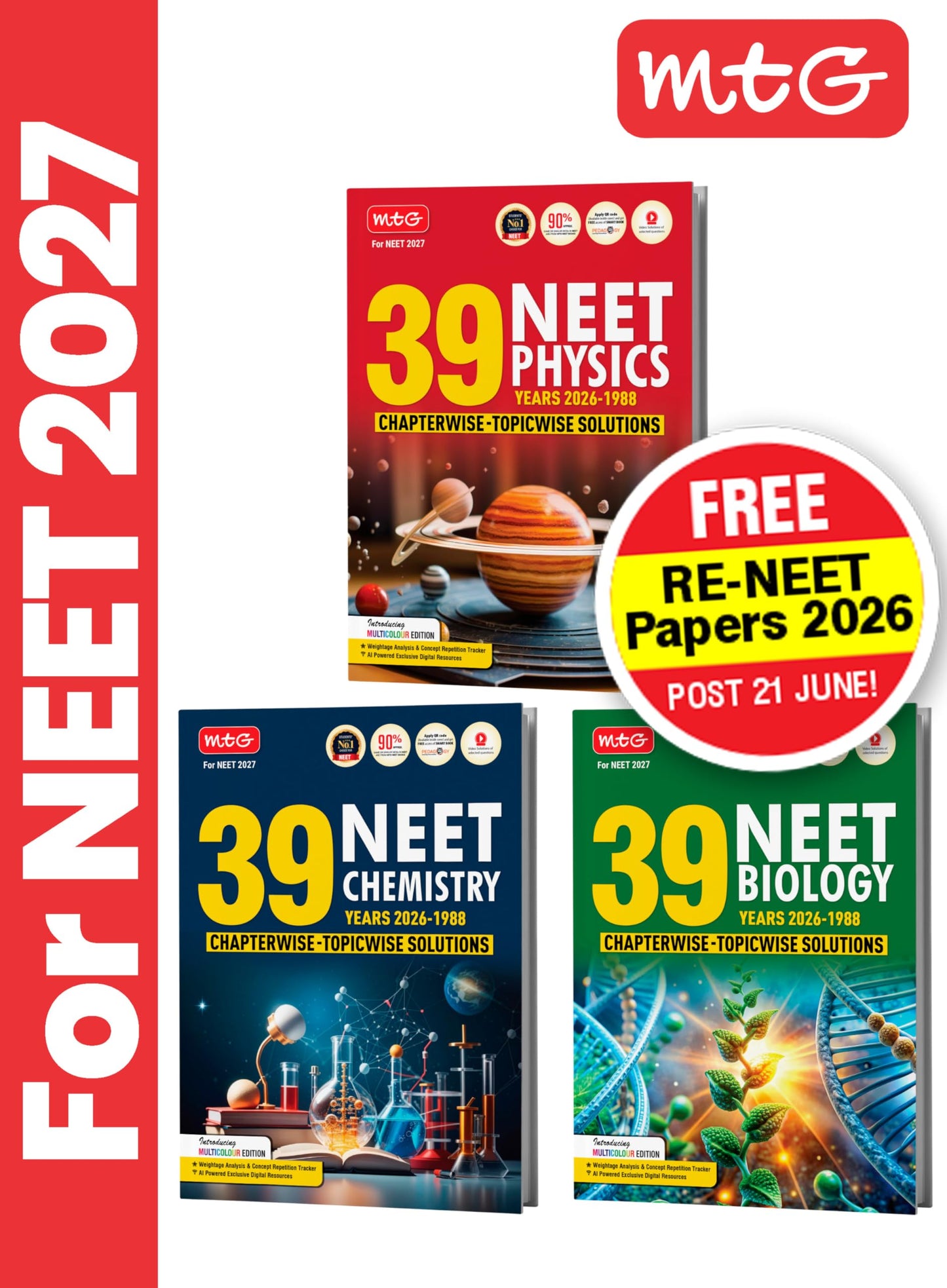 MTG NEET PYQ 39 Years Physics, Chemistry & Biology Book For 2026-2027