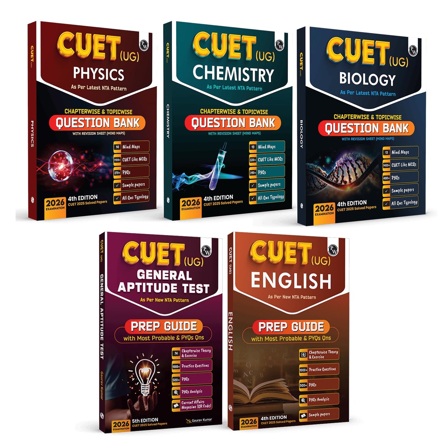 PW CUET UG Entrance Exam Books 2026 – Physics, Chemistry, Biology, General Test & Eng Combo Set of 5 | Chapterwise & Topicwise MCQs Question Bank | PYQ (2025–2022) | Mock Tests | Latest NTA Pattern