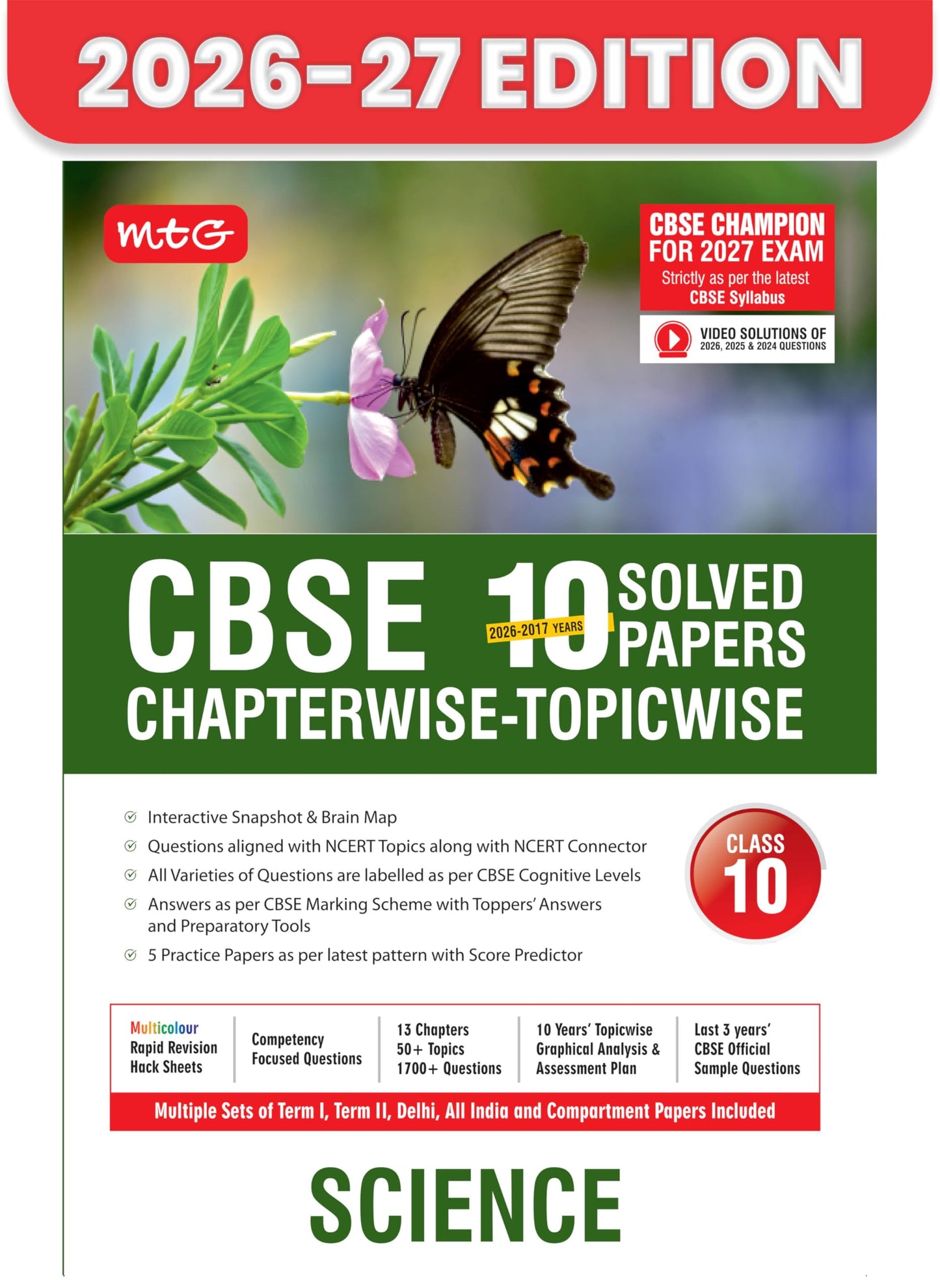 MTG CBSE Class 10 PYQs Book | 10 Years (2026-2017) Chapterwise Topicwise Solved Papers Science - CBSE Champion For 2027 Exam | Free Video Solution of PYQs | CBSE Sample Paper (As Per Latest Pattern)