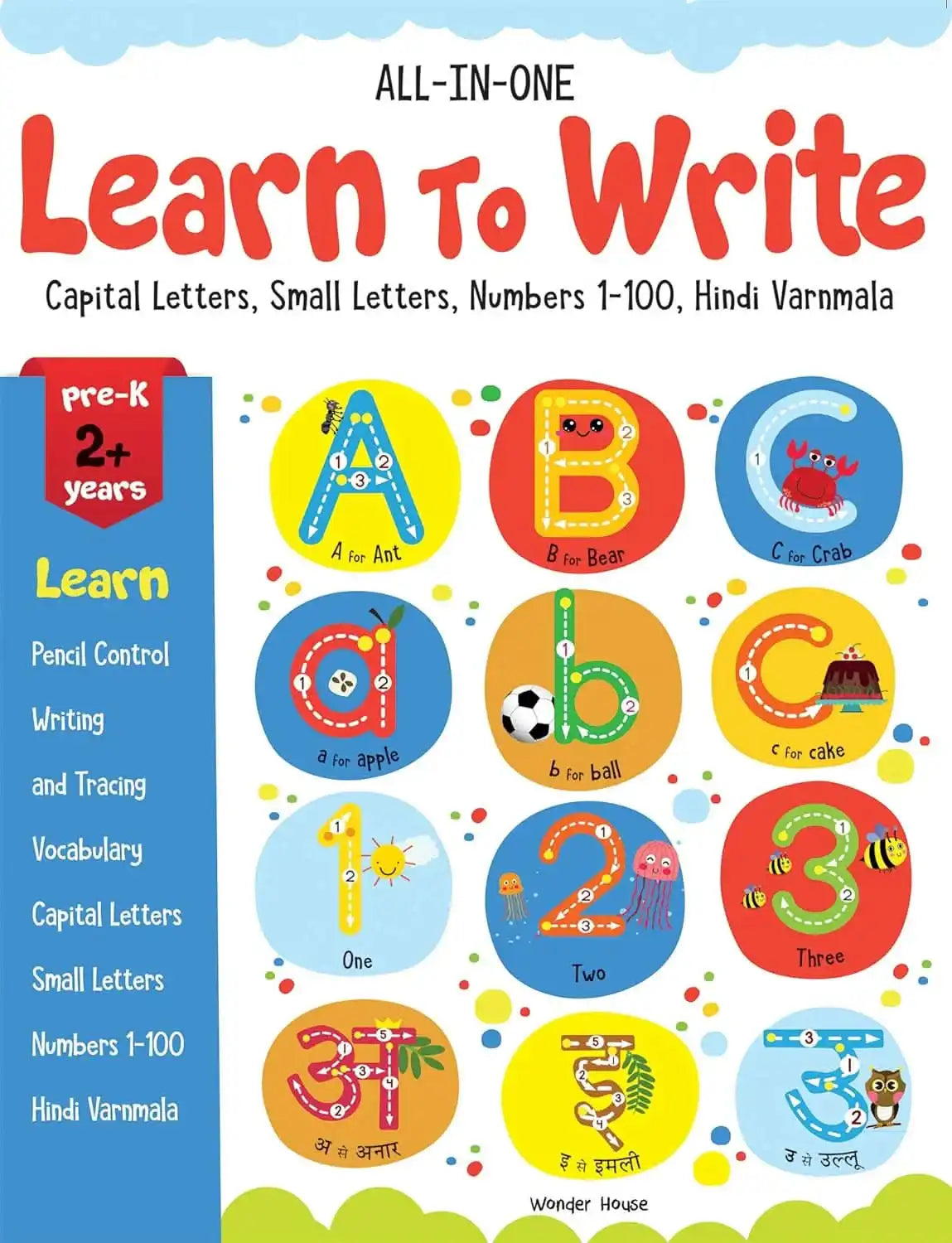All In One - Learn To Write - Capital Letters, Small Letters, Numbers 1-100, Hindi Varnmala