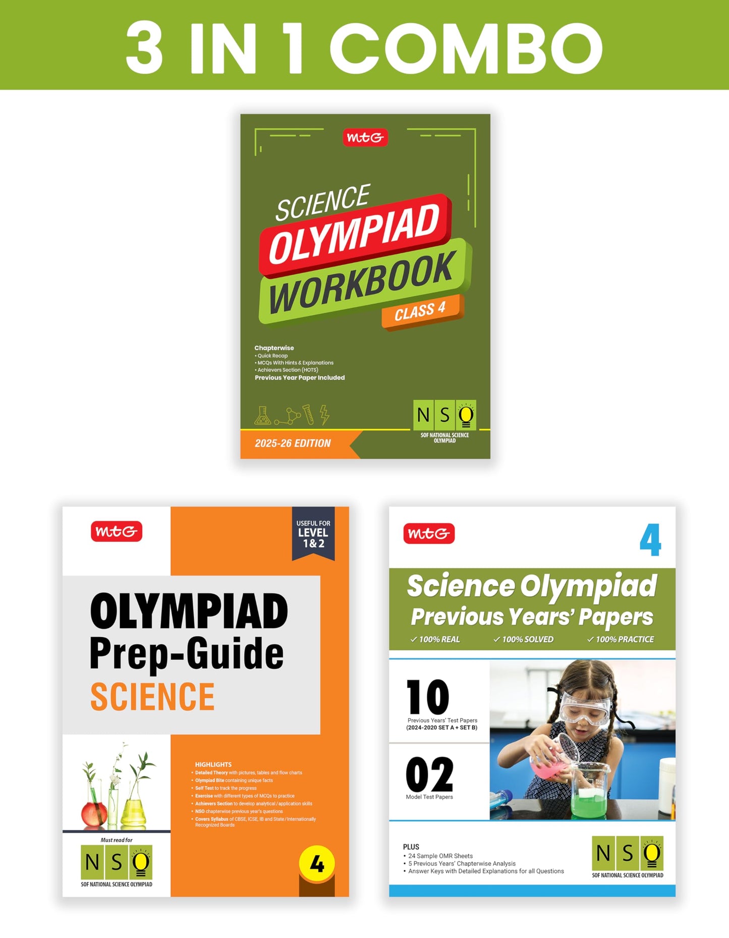 MTG Class-4 National Science Olympiad (NSO) Workbook, Prep-Guide & Previous Years Papers (PYQs) with Mock Test Paper (Set of 3 Books) - SOF Olympiad Books For 2025-26 Exam