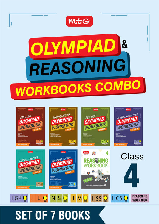 MTG Class-4 NSO-IMO-IEO-ICSO-IGKO-ISSO Olympiad and Reasoning Workbook Combo (Set of 7 Books) | MCQs, Previous Years Paper & Achievers Section - SOF Olympiad Books For 2025-26 Exam