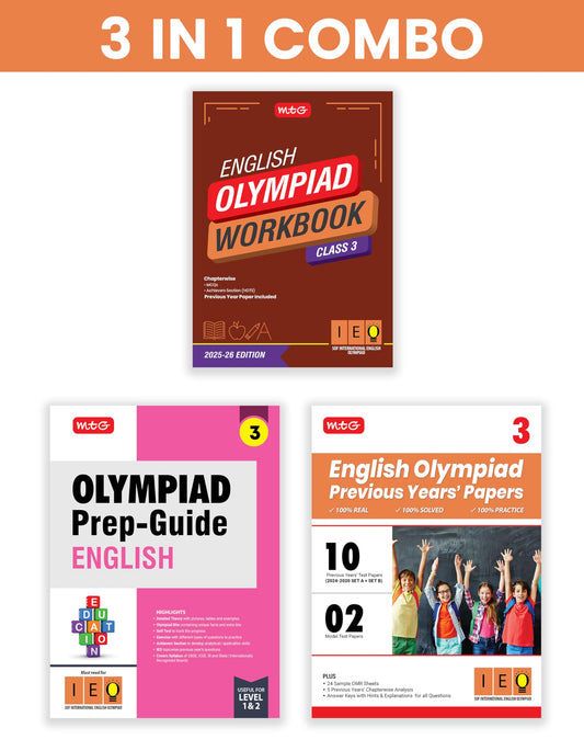 MTG Class-3 International English Olympiad (IEO) Workbook, Prep-Guide & Previous Years Papers (PYQs) with Mock Test Paper (Set of 3 Books) - SOF Olympiad Books For 2025-26 Exam