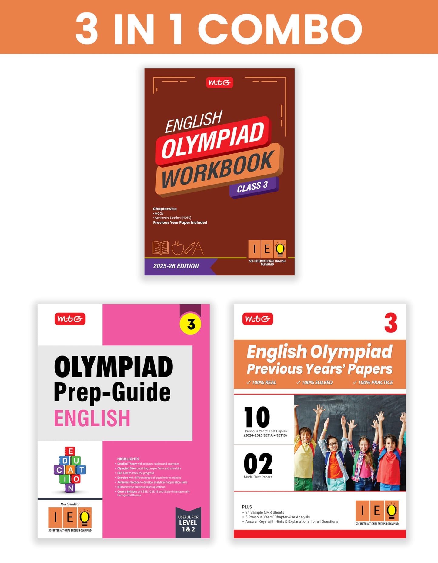 MTG Class-3 International English Olympiad (IEO) Workbook, Prep-Guide & Previous Years Papers (PYQs) with Mock Test Paper (Set of 3 Books) - SOF Olympiad Books For 2025-26 Exam