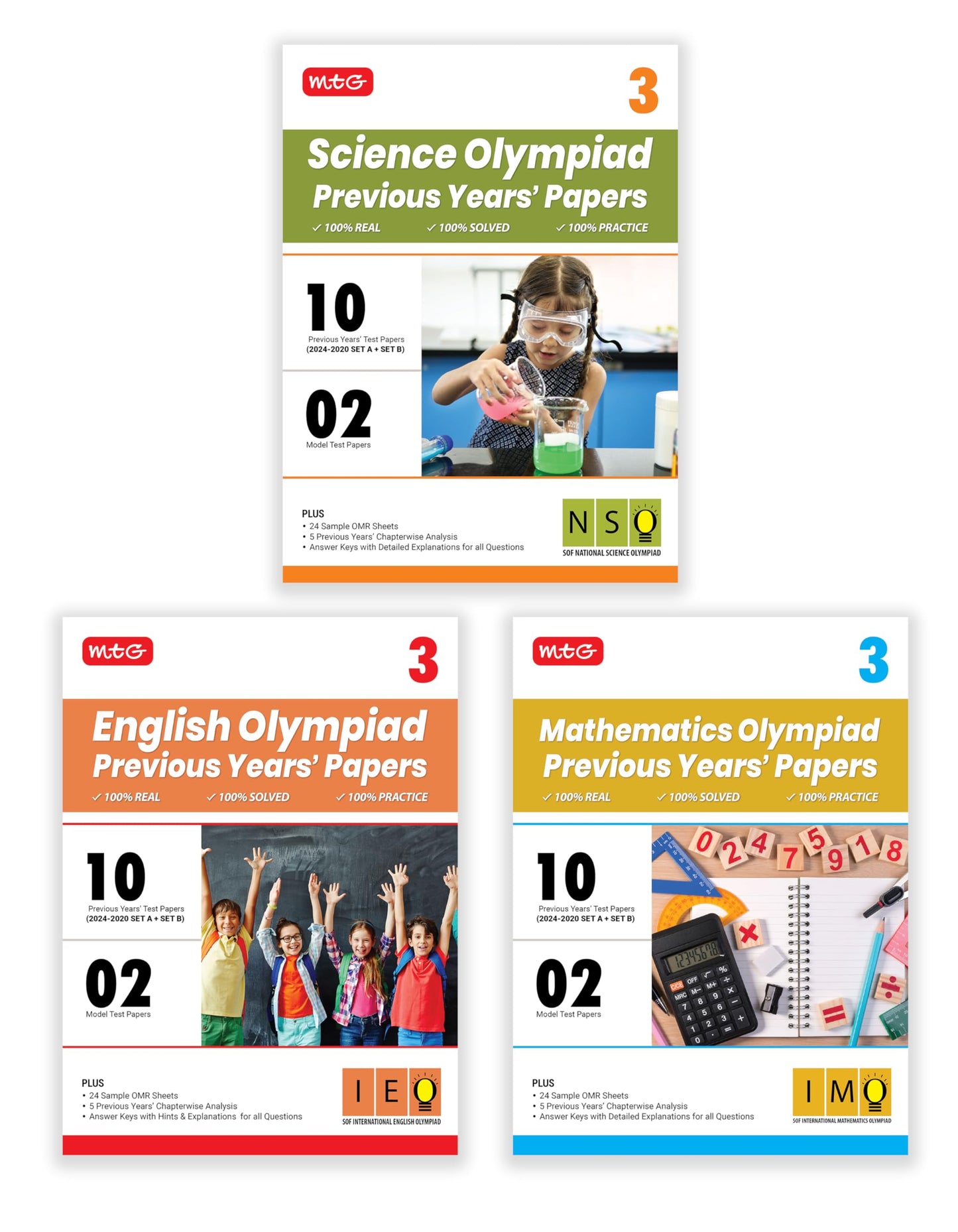 MTG Class-3 IMO-NSO-IEO Olympiad 10 Previous Years Papers (2024-2020 Set A & B) Mathematics, Science & English (Set of 3 Books) with Model Test Papers & 24 Sample OMR Sheets | PYQs For SOF 2025-26 Exam
