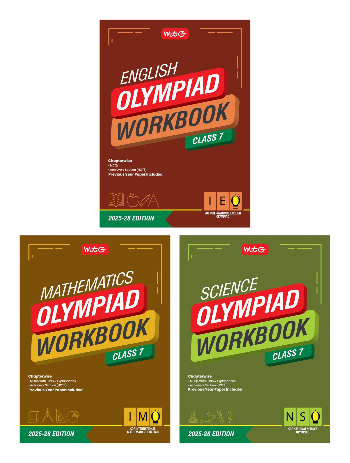 MTG Class-7 NSO-IMO-IEO (Science, Mathematics & English) Olympiad Workbook Combo (Set of 3 Books) | MCQs, & Achievers Section - SOF Olympiad Books For 2025-26 Exam