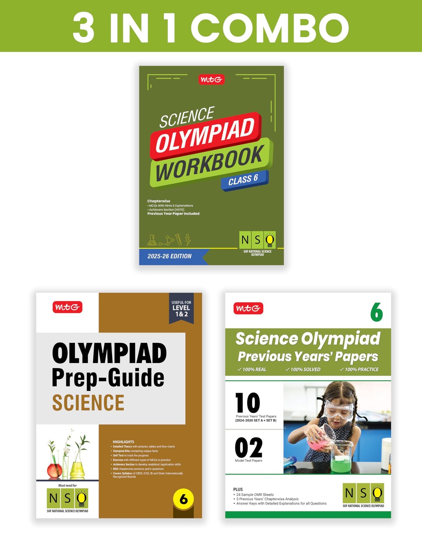 MTG Class-6 National Science Olympiad (NSO) Workbook, Prep-Guide & Previous Years Papers (PYQs) with Mock Test Paper (Set of 3 Books) - SOF Olympiad Books For 2025-26 Exam