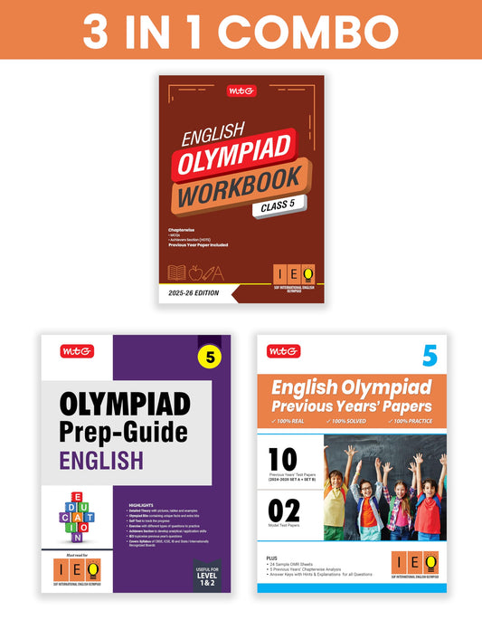 MTG Class-5 International English Olympiad (IEO) Workbook, Prep-Guide & Previous Years Papers (PYQs) with Mock Test Paper (Set of 3 Books) - SOF Olympiad Books For 2025-26 Exam