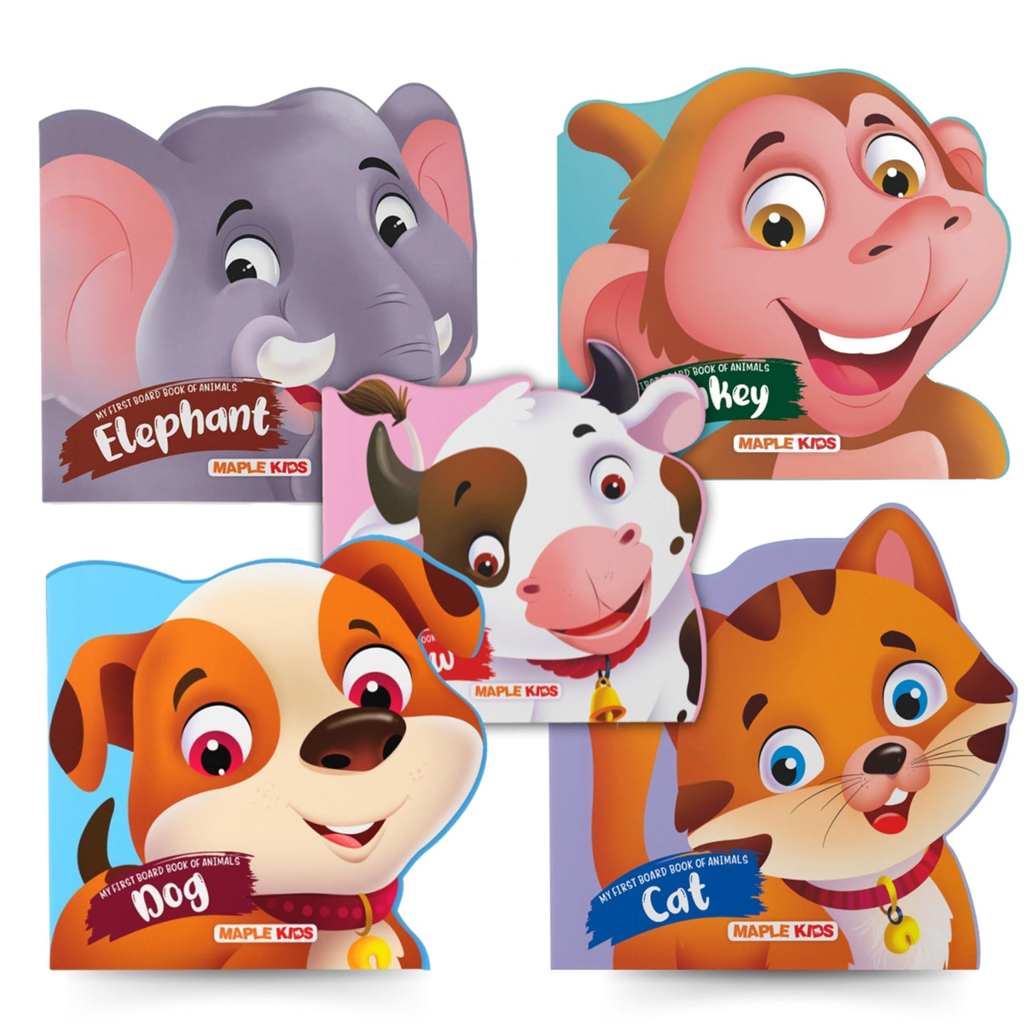 My First Board Book Animals (Set of 5 Books) - Monkey, Cow, Dog, Elephant, Cat - Die-Cut Board Book for Kids - Shaped Board Books - Age 2+