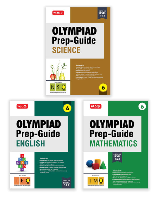 MTG Olympiad Prep-Guide Class-6 Mathematics, Science & English (Set of 3 Books) - Detailed Theory, IMO-NSO-IEO Previous Years Questions with Self Test For SOF 2025-26 Exam