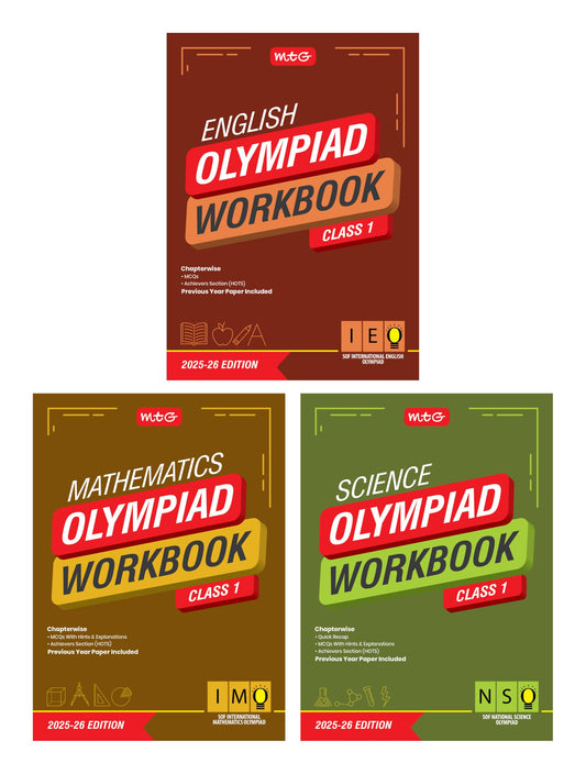 MTG Class-1 NSO-IMO-IEO (Science, Mathematics & English) Olympiad Workbook Combo (Set of 3 Books) | MCQs, & Achievers Section - SOF Olympiad Books For 2025-26 Exam