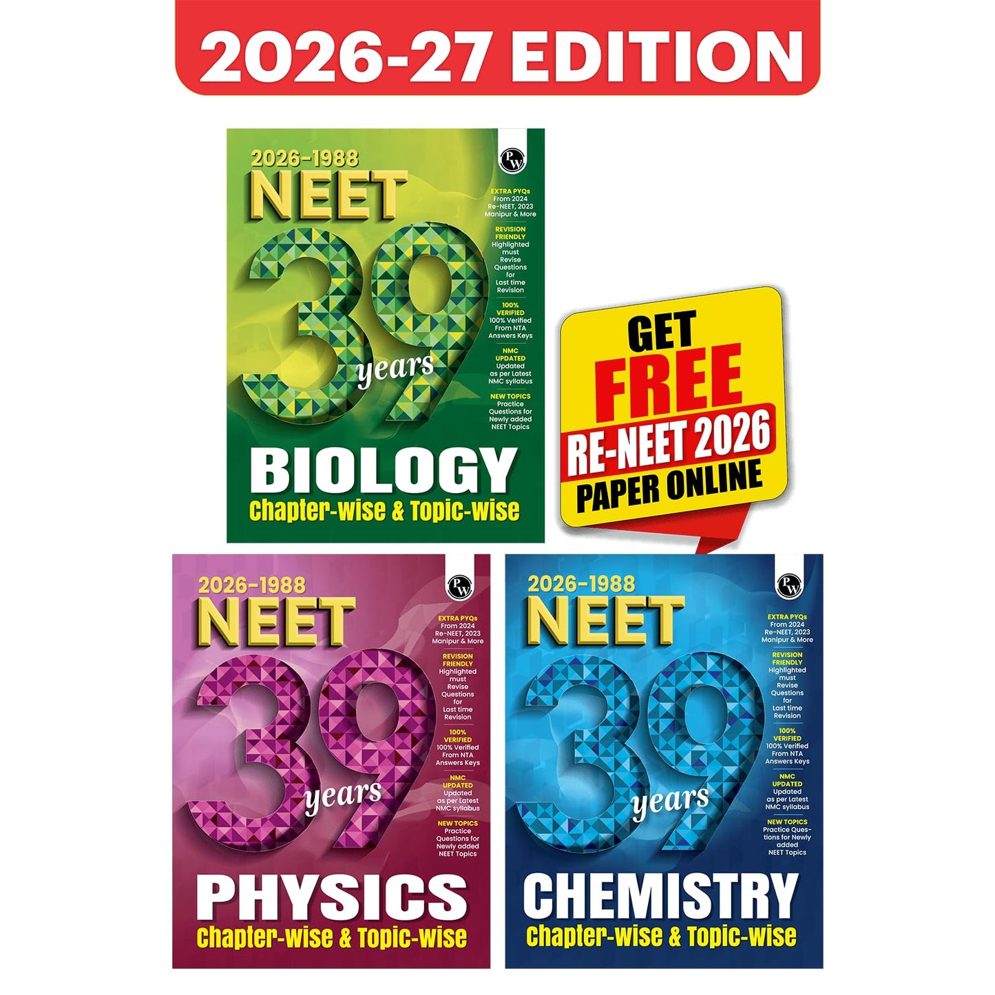 PW NEET PYQ 39 Years Physics, Chemistry, Biology Combo Set of 3 Books