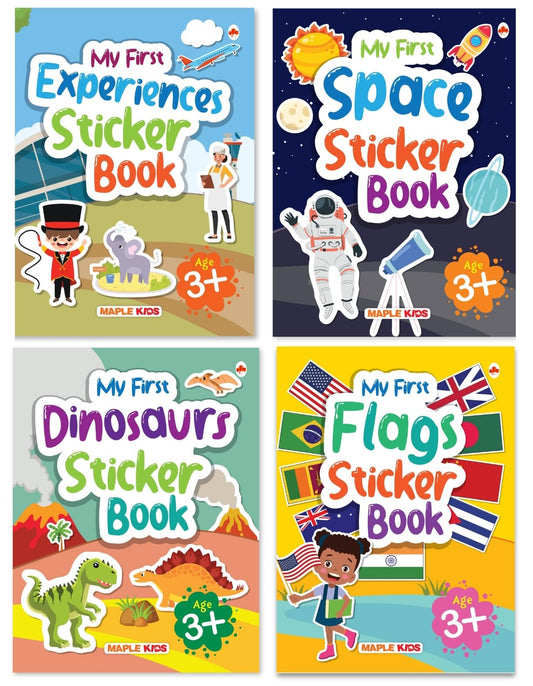 Sticker Books (Set of 4 Books) - Flags - Space - Dinosaurs - Experiences - Activity Book for Kids with 220+ Stickers - Stickers for Children - Age 3+ Years