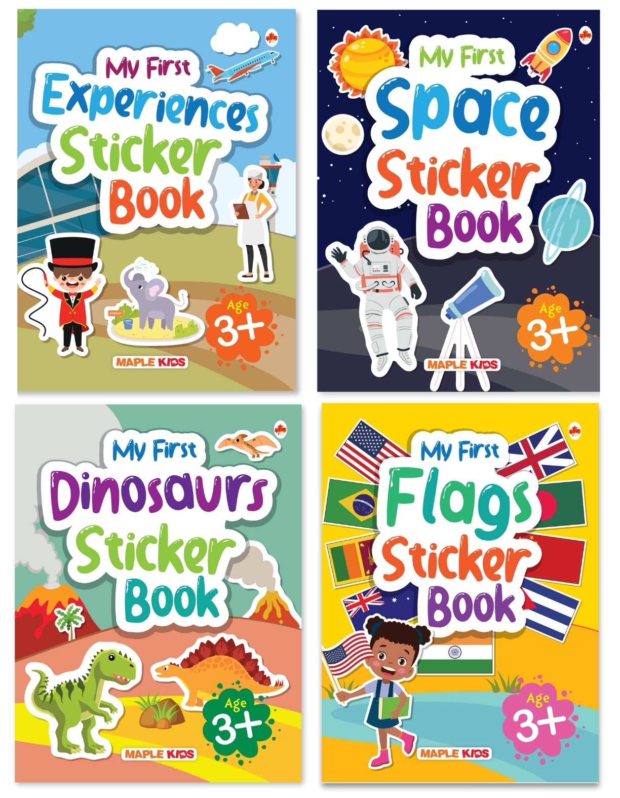 Sticker Books (Set of 4 Books) - Flags - Space - Dinosaurs - Experiences - Activity Book for Kids with 220+ Stickers - Stickers for Children - Age 3+ Years