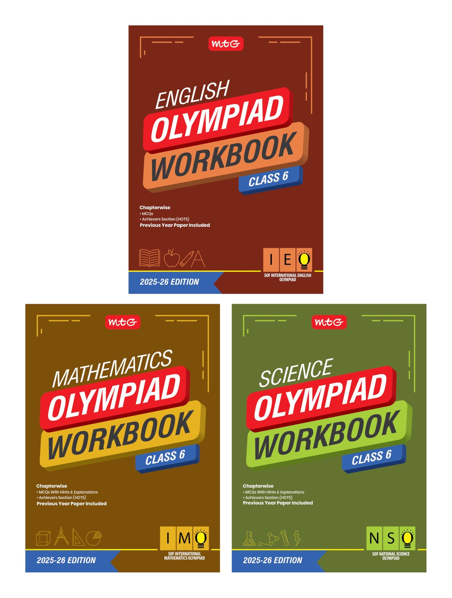 MTG Class-6 NSO-IMO-IEO (Science, Mathematics & English) Olympiad Workbook Combo (Set of 3 Books) | MCQs, & Achievers Section - SOF Olympiad Books For 2025-26 Exam