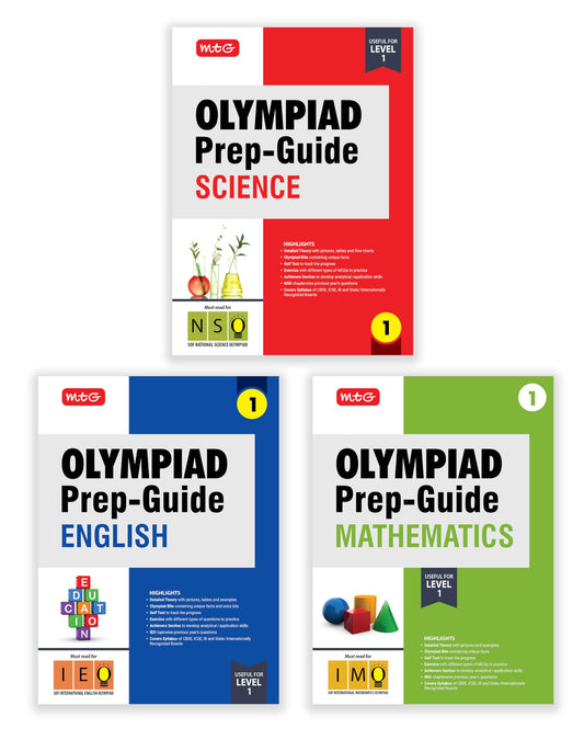 MTG Olympiad Prep-Guide Class-1 Mathematics, Science & English (Set of 3 Books) - Detailed Theory, IMO-NSO-IEO Previous Years Questions with Self Test For SOF 2025-26 Exam