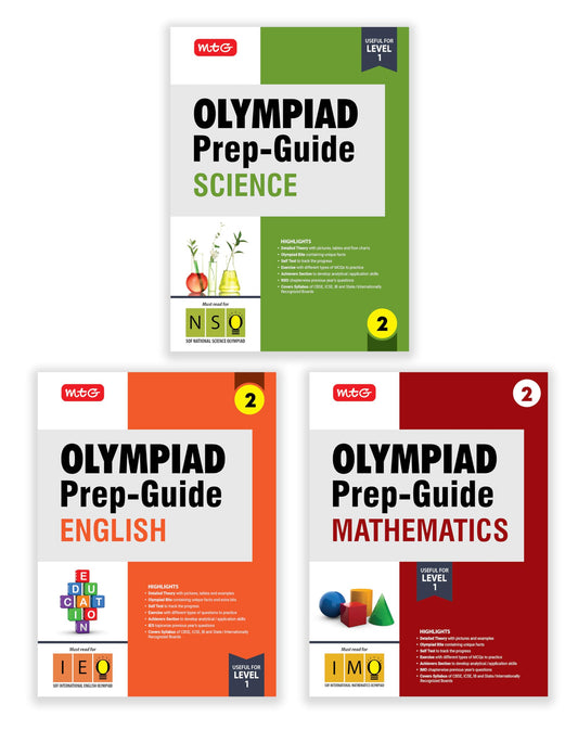 MTG Olympiad Prep-Guide Class-2 Mathematics, Science & English (Set of 3 Books) - Detailed Theory, IMO-NSO-IEO Previous Years Questions with Self Test For SOF 2025-26 Exam