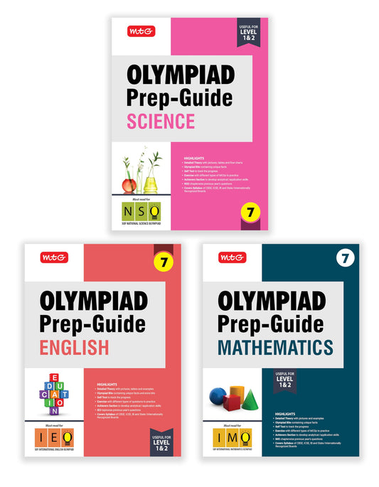 MTG Olympiad Prep-Guide Class-7 Mathematics, Science & English (Set of 3 Books) - Detailed Theory, IMO-NSO-IEO Previous Years Questions with Self Test For SOF 2025-26 Exam