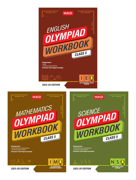 MTG Class-5 NSO-IMO-IEO (Science, Mathematics & English) Olympiad Workbook Combo (Set of 3 Books) | MCQs, & Achievers Section - SOF Olympiad Books For 2025-26 Exam