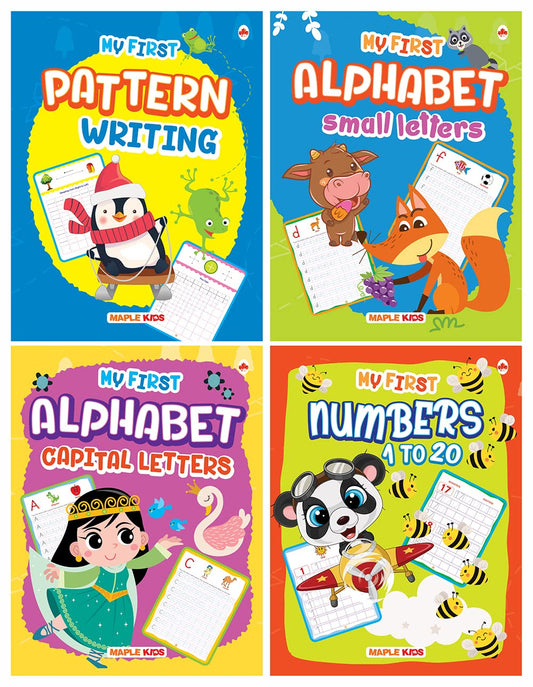 Writing Practice Books for Kids (Set of 4 Books) - Learn and Practice - Pattern Writing, Numbers 1-20, ABC Capital Letters, Small Letters - 3 Years to 5 Years Old Children - LKG