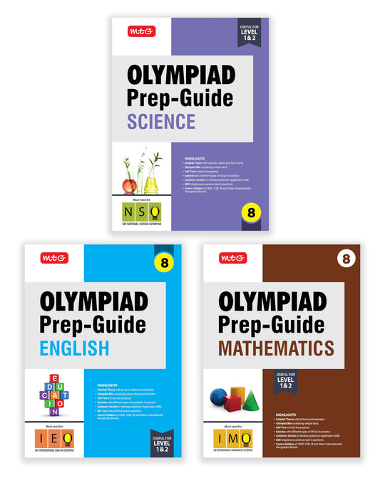 MTG Olympiad Prep-Guide Class-8 Mathematics, Science & English (Set of 3 Books) - Detailed Theory, IMO-NSO-IEO Previous Years Questions with Self Test For SOF 2025-26 Exam