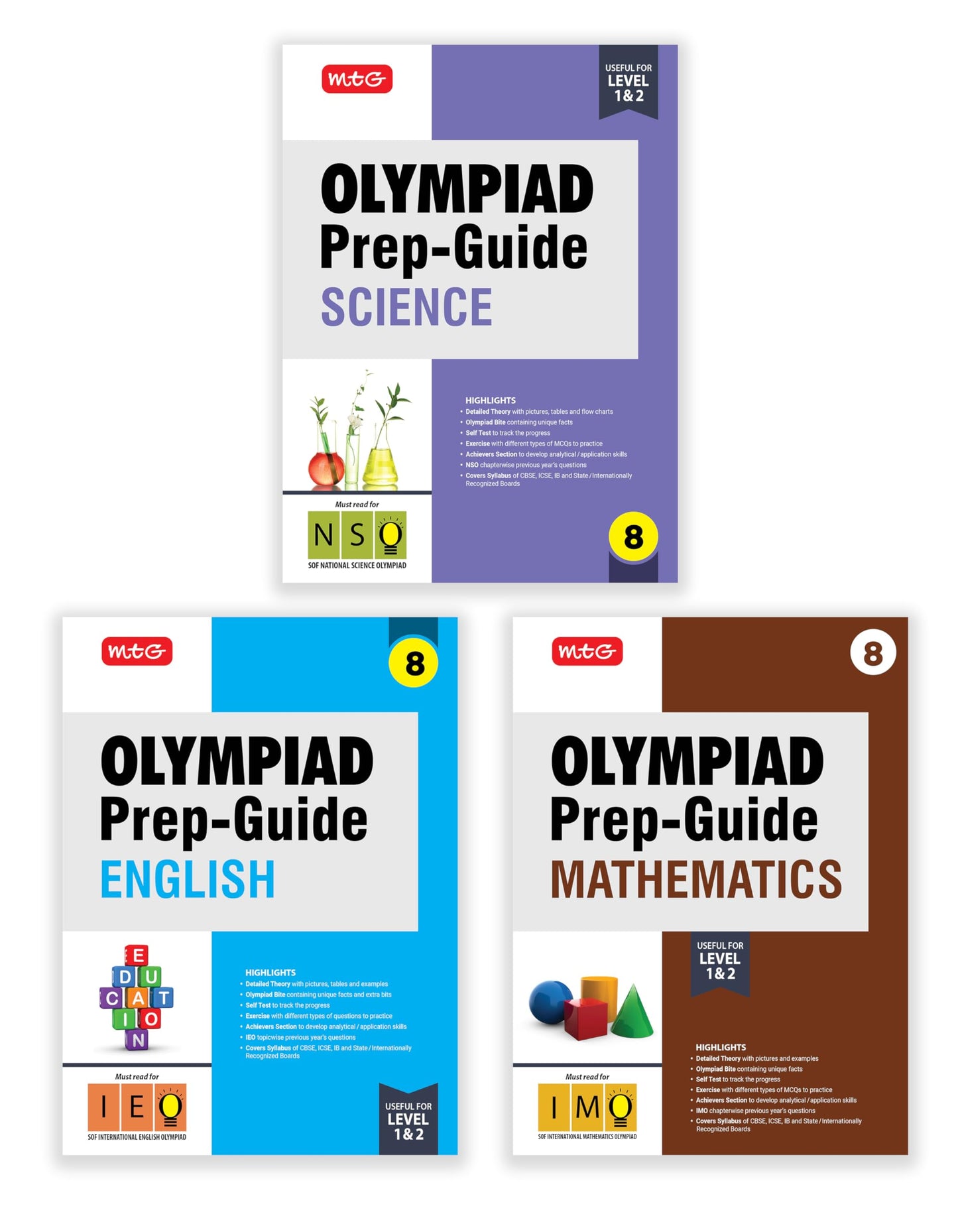 MTG Olympiad Prep-Guide Class-8 Mathematics, Science & English (Set of 3 Books) - Detailed Theory, IMO-NSO-IEO Previous Years Questions with Self Test For SOF 2025-26 Exam
