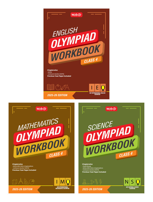 MTG Class-4 NSO-IMO-IEO (Science, Mathematics & English) Olympiad Workbook Combo (Set of 3 Books) | MCQs, & Achievers Section - SOF Olympiad Books For 2025-26 Exam