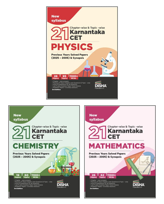 Disha Combo (3 Books) 21 Chapter-wise & Topic-wise Karnataka CET Physics, Chemistry & Mathematics Previous Year Solved Papers (2025 - 2005) | KCET PYQs Question Bank | 2026 Engg B.Tech/ BE & B.Sc.