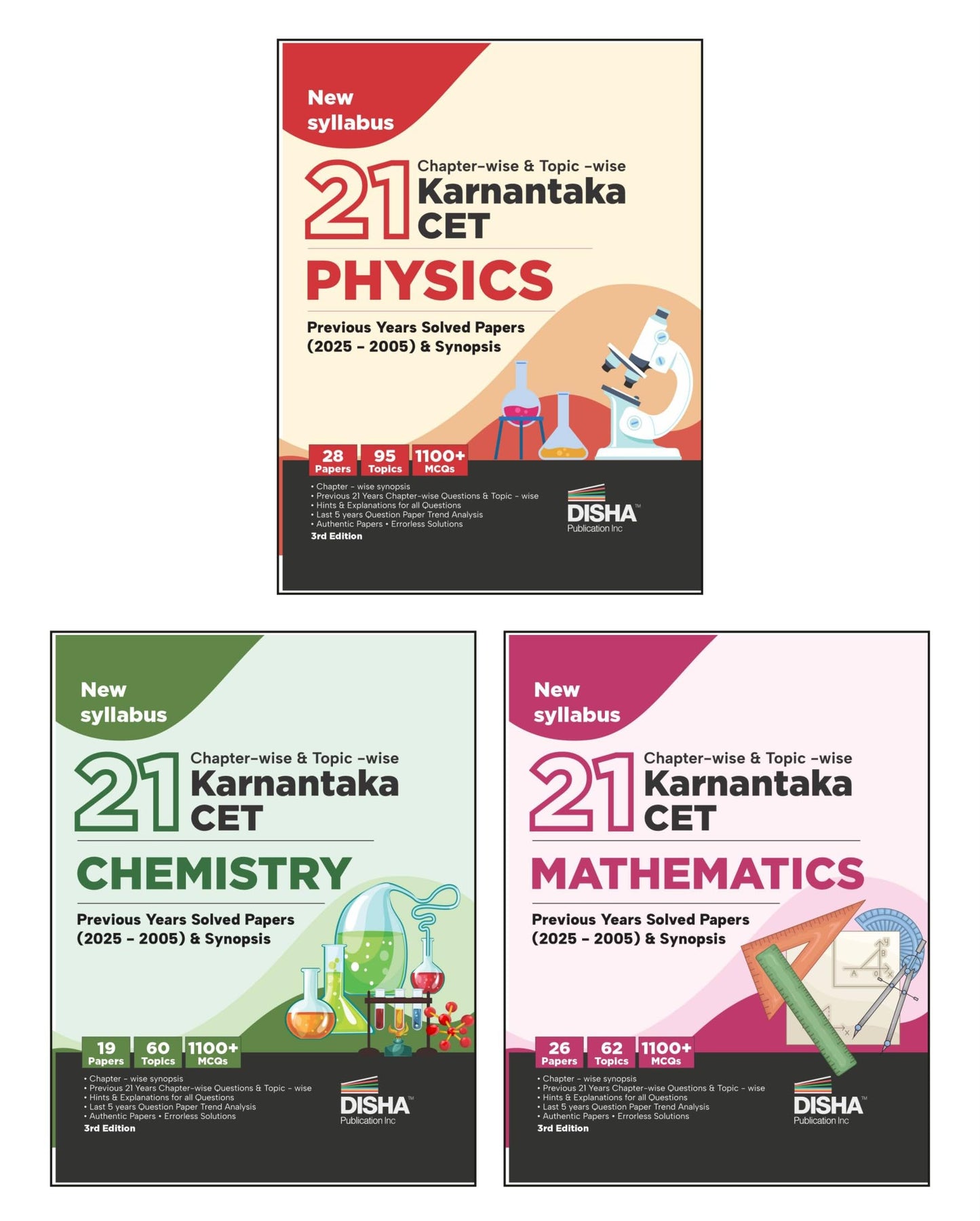 Disha Combo (3 Books) 21 Chapter-wise & Topic-wise Karnataka CET Physics, Chemistry & Mathematics Previous Year Solved Papers (2025 - 2005) | KCET PYQs Question Bank | 2026 Engg B.Tech/ BE & B.Sc.