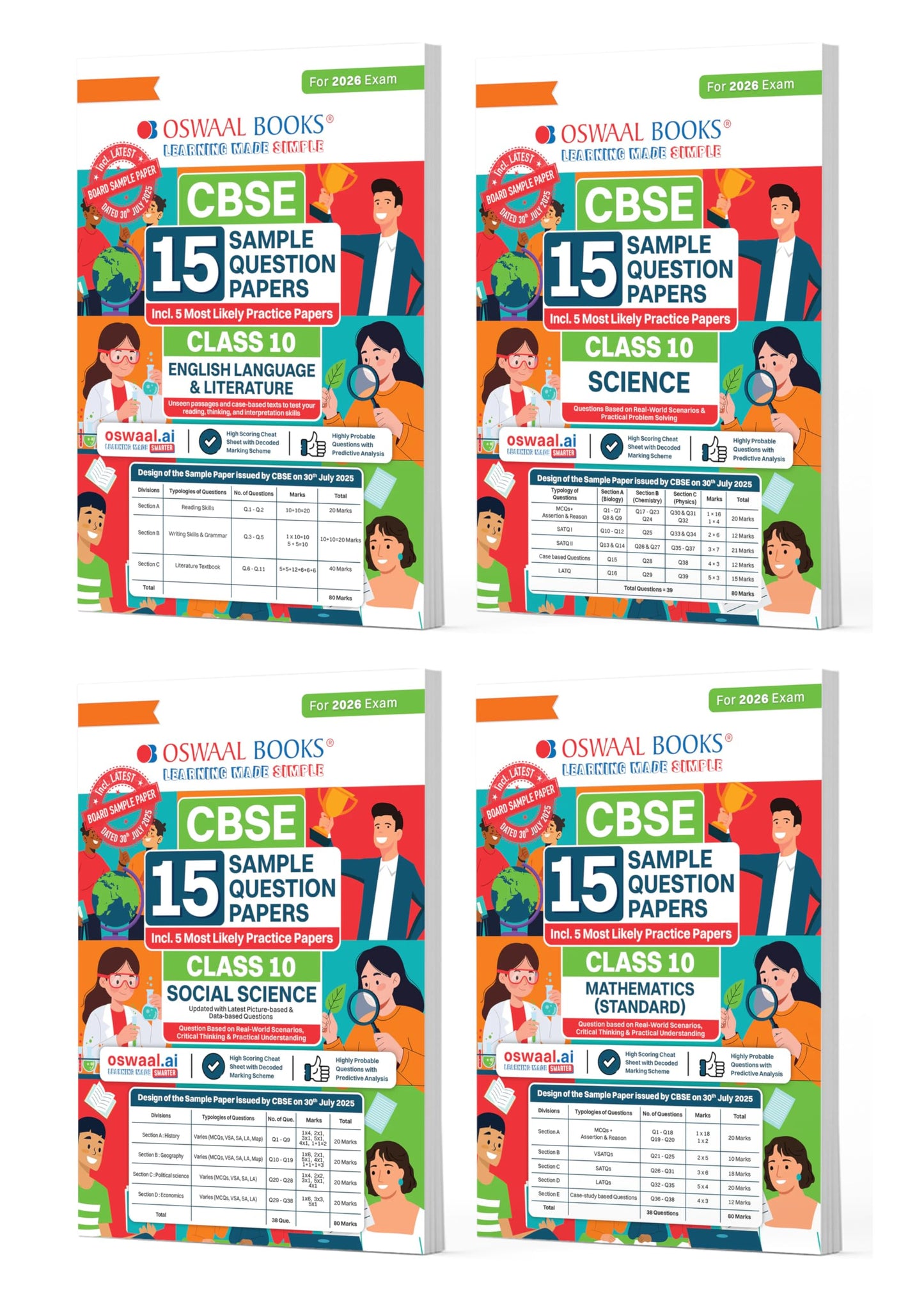 Oswaal CBSE 15 Sample Question Papers Class 10 English, Science, Social Science & Maths Standard (Set of 4 Books) for 2026 Board Exam (As per CBSE Sample Question Paper issued on 30 July 2025)