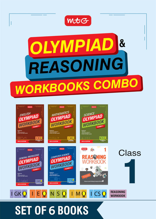 MTG Class-1 NSO-IMO-IEO-ICSO-IGKO Olympiad and Reasoning Workbook Combo (Set of 6 Books) | MCQs, Previous Years Solved Paper & Achievers Section - SOF Olympiad Books For 2025-26 Exam