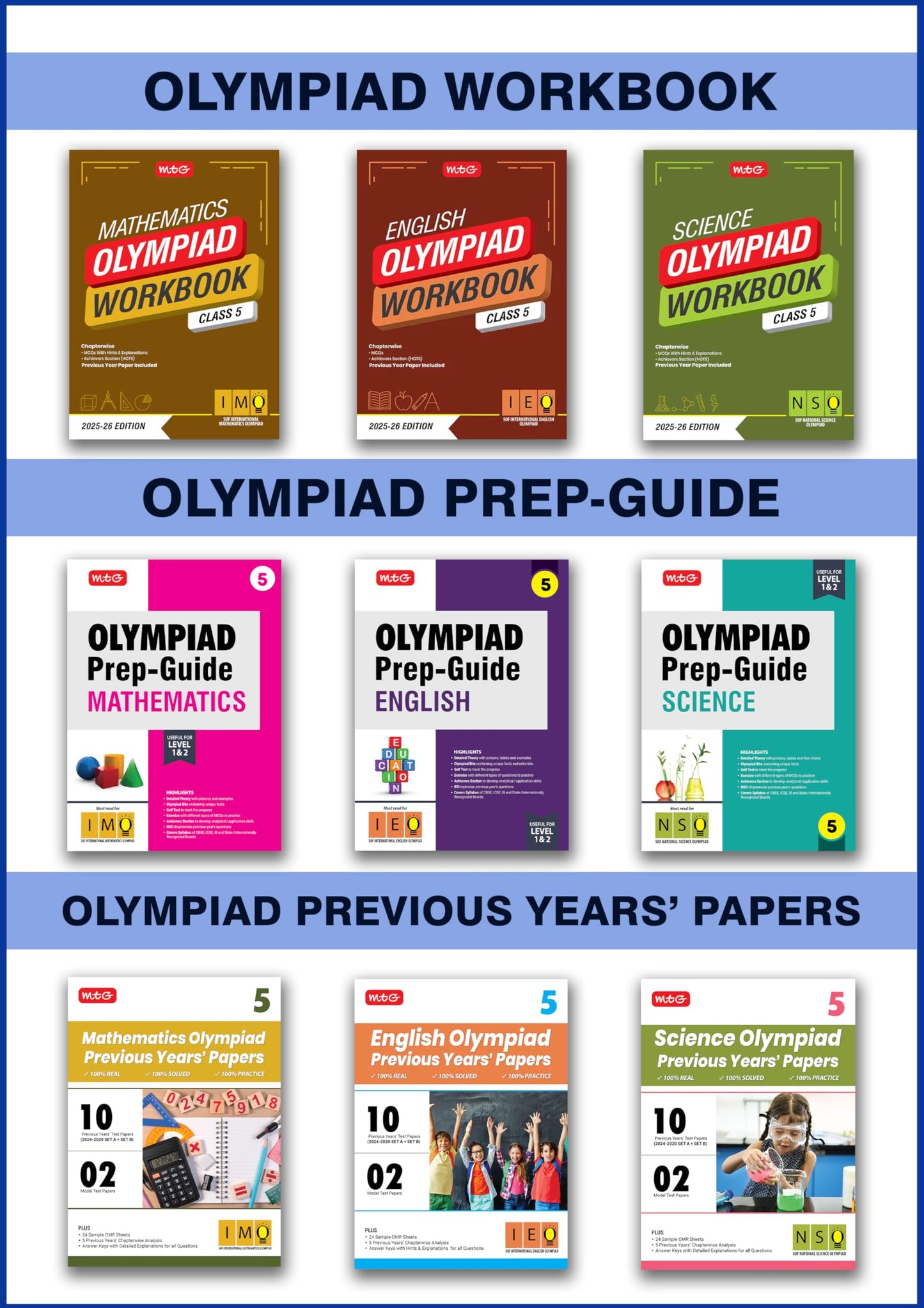 MTG Class-5 Mathematics, Science & English (IMO-NSO-IEO) Olympiad Workbook, Prep-Guide & Previous Years Papers (PYQs) - SOF Olympiad Books For 2025-26 Exam (Set of 9 Books)