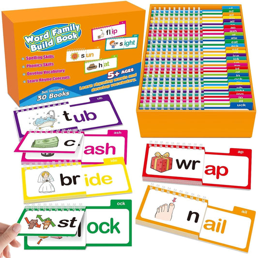 SHNMN 30PCS Read and Rhyme Flip Books, Interesting Word Family Flip Books, ABC Vocabulary Cards, Sight Words Flash Cards Kindergarten, Read and Rhyme Flip Activity Book