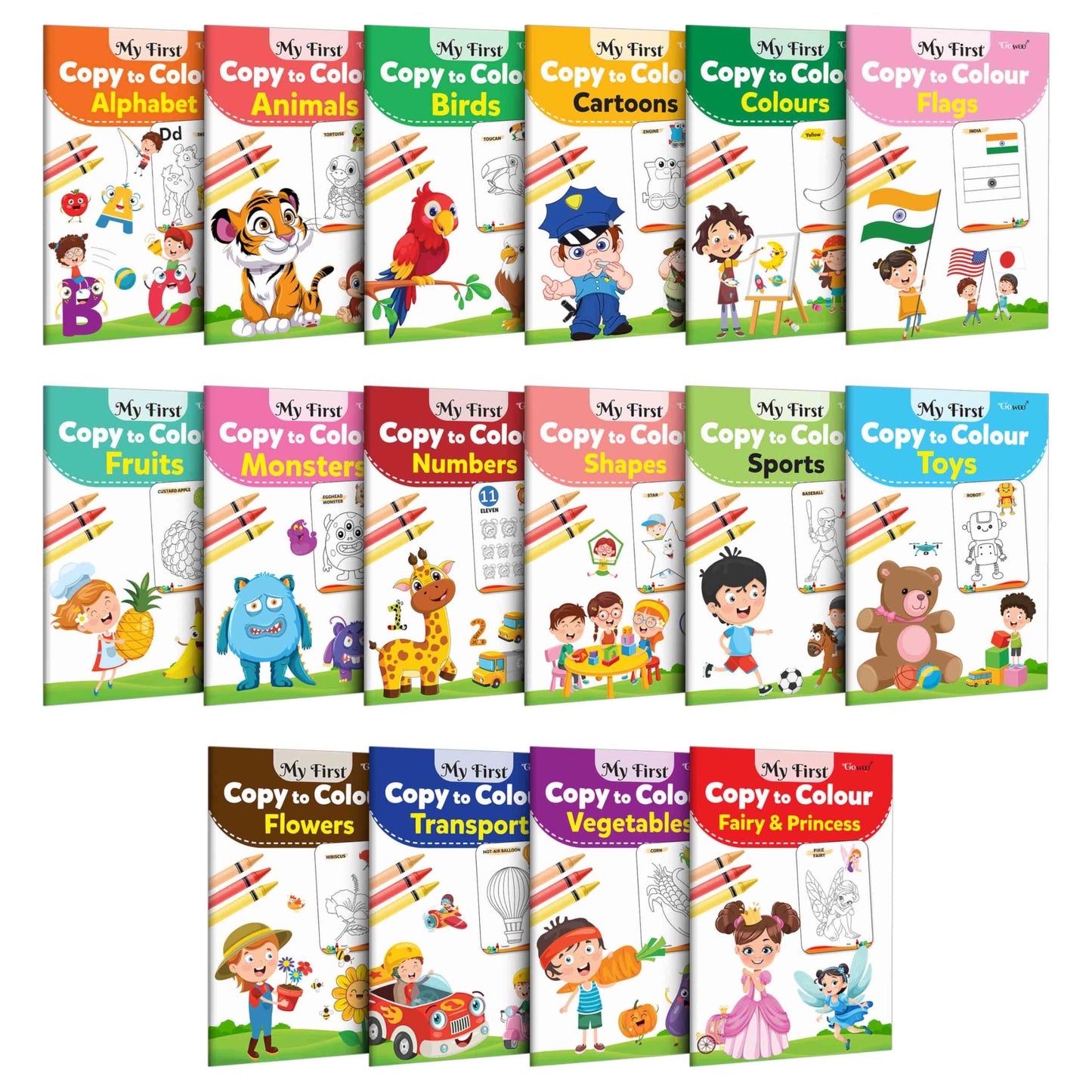 My First Copy to Colour - Alphabet, Animals, Birds, Cartoons, Colours, Monster, Flowers, Fruits, Numbers, Shapes and more : Children colouring book, Copy and colour book | Pack of 16 Colouring Books